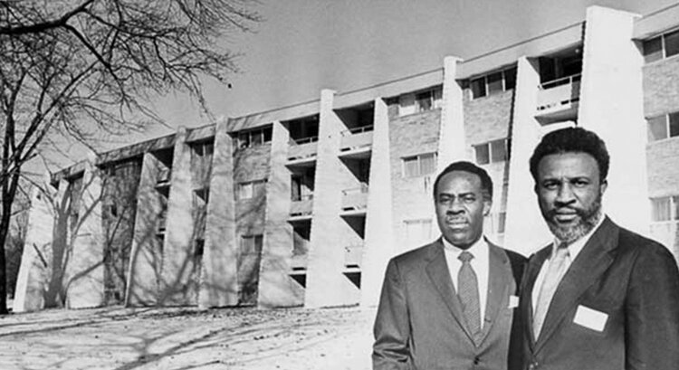 Madison in front of Park Place, a "serpentine curve" of 122 modernist apartments his firm designed in the late 1960s on a parcel of University-Euclid urban renewal project on East Boulevard near Wade Park Avenue, ca. 1969.