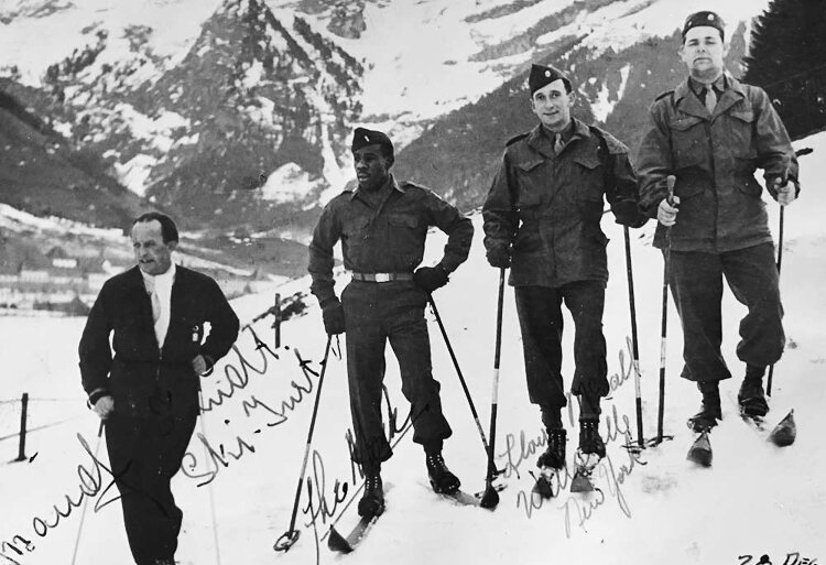 <span class="content-image-text">Robert Madison and two other U.S. service members in Swiss Alps after Wold War II</span>