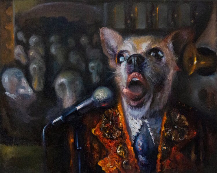 Sing, My Little Idiot, Sing by painting junior Erjon Hajnaj, oil on canvas