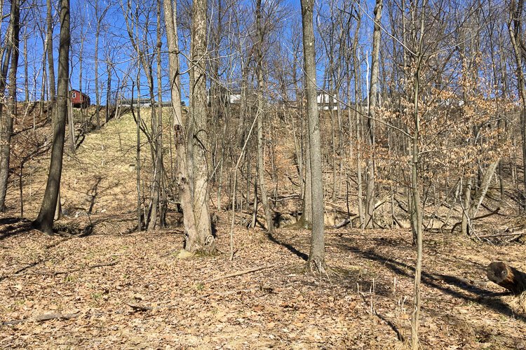 Homes and outbuildings line the rim of the West Creek Reservation.