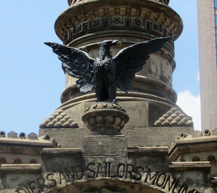 The massive cast bronze “Lady Liberty” top of the granite shaft is forty feet in height and weighs over fifteen tons by sculptor, Levi Scofield -circa 1892.