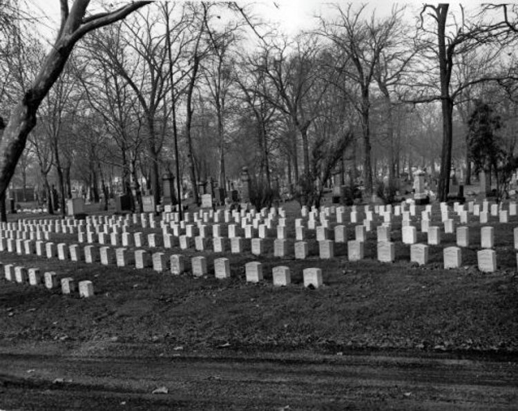 Two groups of graves make up Woodland Cemetery's Soldiers' Lot for Civil War veterans.
