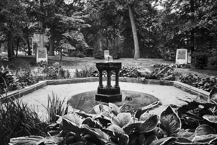 <span class="content-image-text">Central to the Hebrew Garden (1926) is this fountain by Georgia Eweh bearing the inscription, “Wisdom hath built herself a house; she hath hewn her out of seven pillars.” Dedicated May 5, 1926.</span>