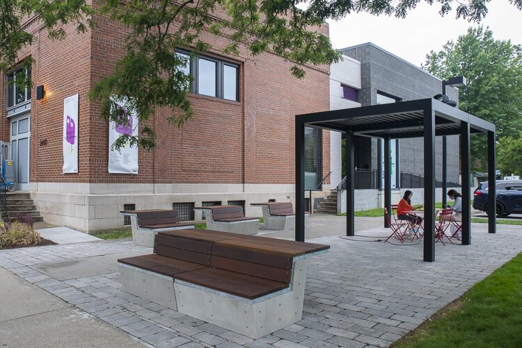 The newly installed outdoor plaza at the FRONT PNC Exhibition Hub at Transformer Station.