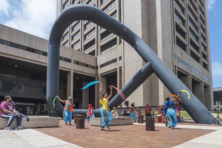 FRONT Djapo Cultural Arts Institute at the Isamu Noguchi sculpture, “Portal,” at The Justice Center