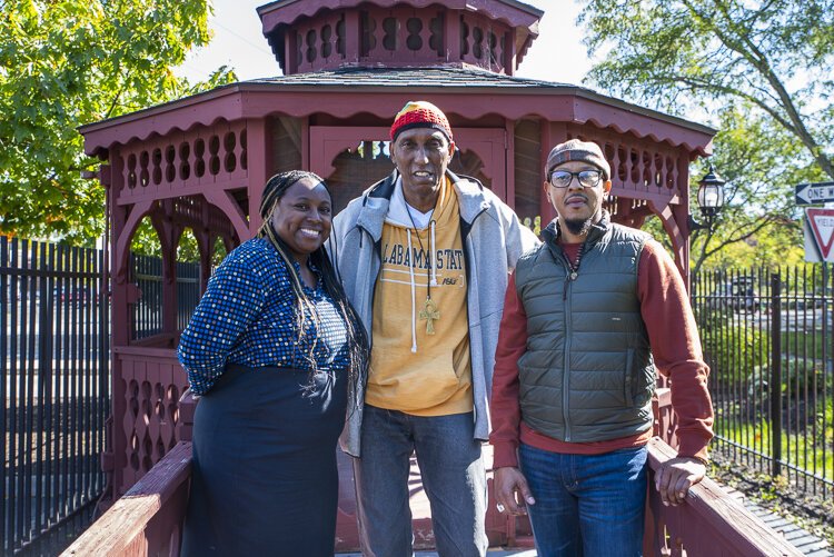 East 128th Street Block Club Association, Joy Johnson, Robert Render and Ali Boyd, at the E. 128th St gazebo in Amos Norwood Park