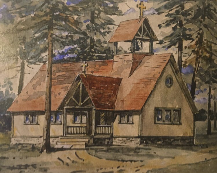Watercolor image of the Church of the Transfiguration as it looked on Little Mountain, circa 1893