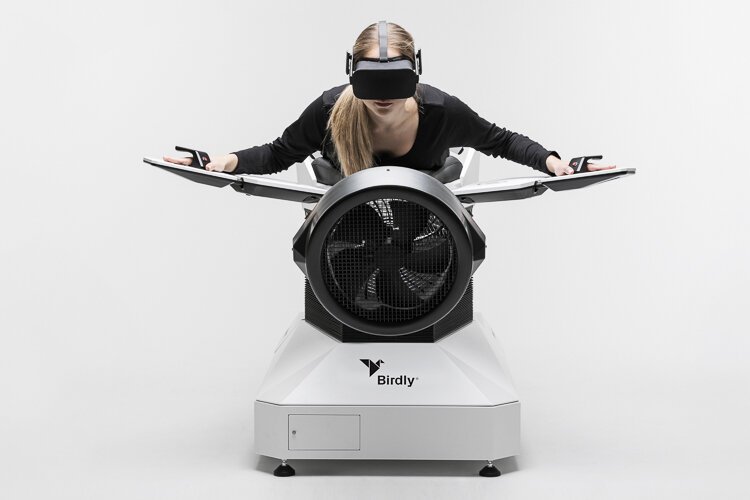 <span class="content-image-text">Virtual Reality (VR) Birdly unit—full-body, immersive virtual-reality flight-simulator that allow guests to soar among winged wildlife</span>