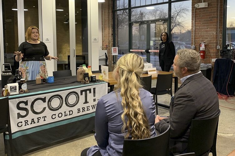 Emma Risley is representing Cleveland Chain Reaction semi-finalist Scoot! practicing pitching the company during “Kickin’ it with Kenny” on FOX 8 News in the Morning