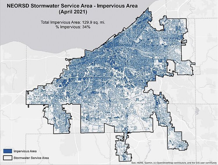 34 percent of the Northeast Ohio Regional Sewer District's (NEORSD) storm water service area is covered in impervious surface