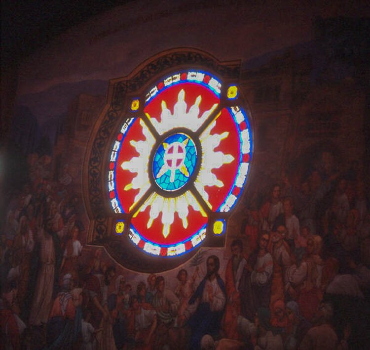 <span class="content-image-text">Color stained glass window on the interior of St. Theodosius Russian Orthodox Cathedral in Cleveland Ohio in 1978.</span>