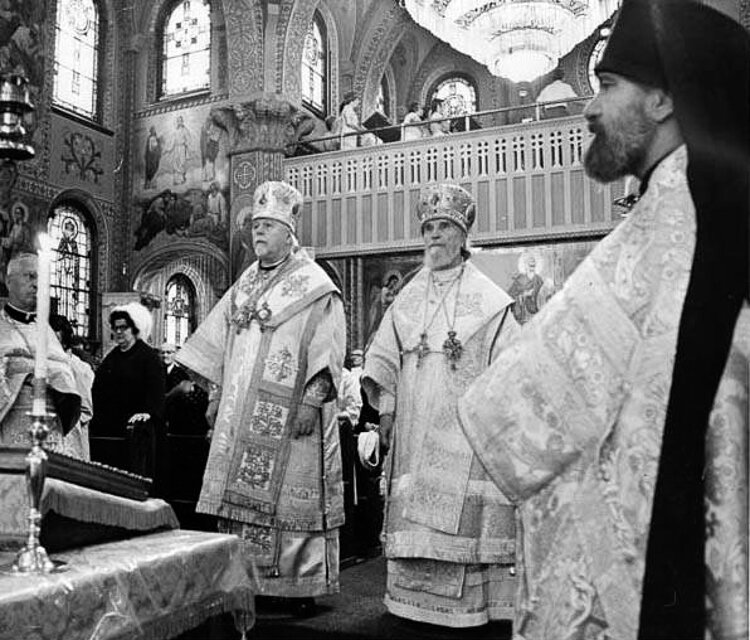 75th anniversary of St. Theodosius Russian Orthodox church in Clev. L R Ireney, Archbishop of New York and Metropolitan of the Orthodox church in America, John, Archbishop of Chicago, Rev. Hieromonk Sergei Udico (in black head dress)