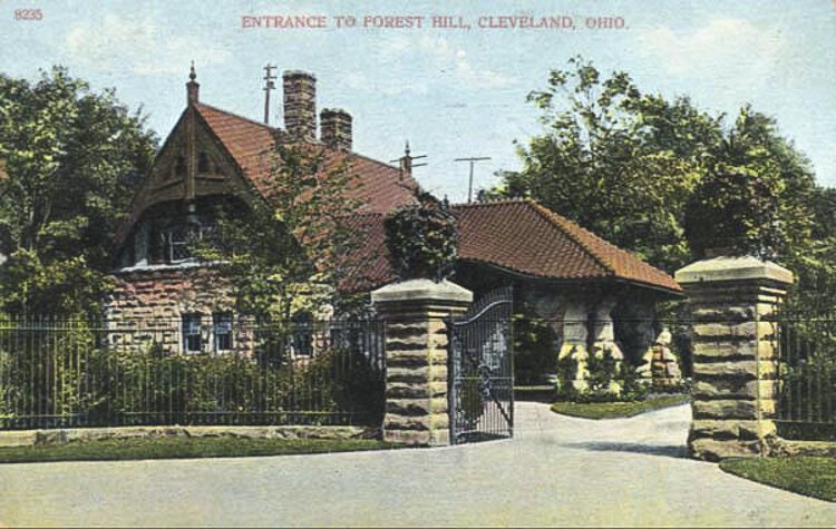 Colorized picture postcard of the entrance to John D. Rockefeller's summer home at Forest Hill, ca. 1908.