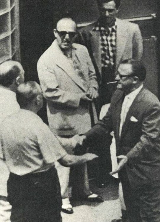 Shondor Birns greets his pals in front of the Theatrical in the mid 1950s