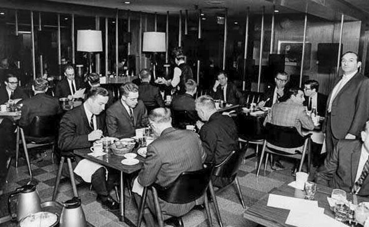 Men eating in the caucus room at Theatrical Grill 1967