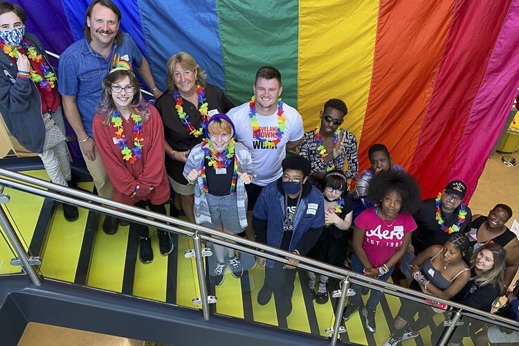 Students at the School of One at the LGBT Community Center of Greater Cleveland with Johnny Stanton of the Cleveland Browns