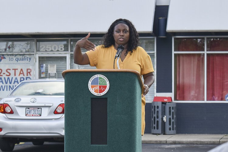 <span class="content-image-text">Joy Johnson, executive director of Burten, Bell, Carr Development Inc., speaks during a Cuyahoga County event in mid-August 2021 meant to gather input on the Surge in Cleveland’s Central neighborhood</span>