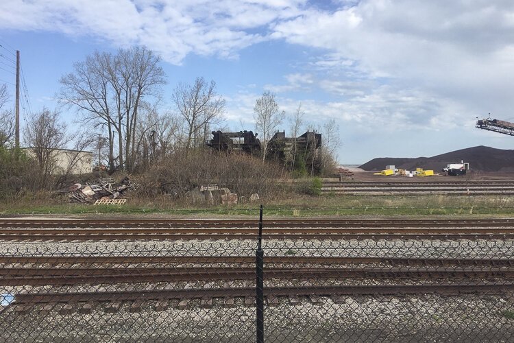 Remnants of the Hulett ore unloaders on Whiskey Island. Photo from April 2021.