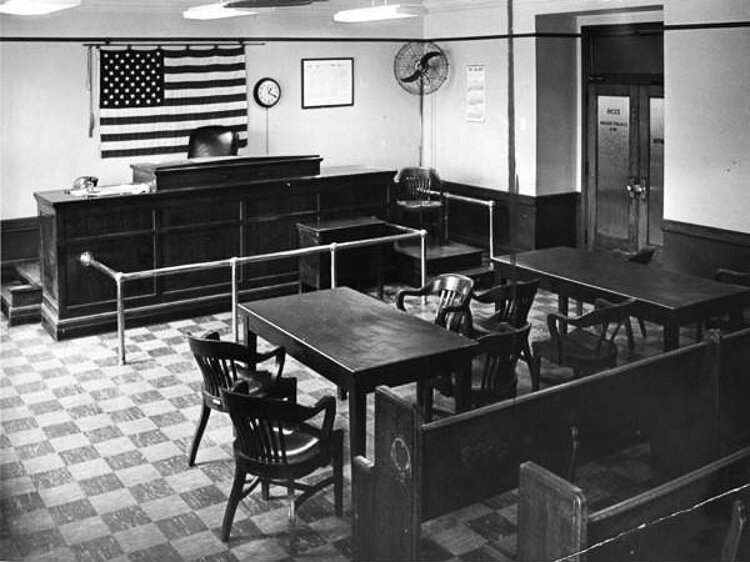 Empty courtroom at central police station in 1965