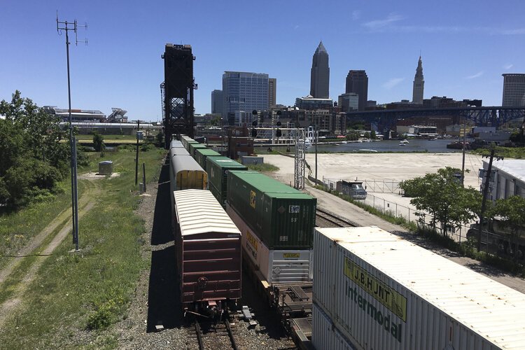 Railcars on the Norfolk Southern rail line as seen from the deck of Wendy's Way pedestrian bridge.
