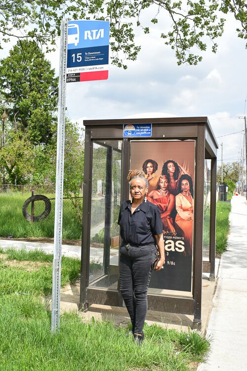 <span class="content-image-text">Marvetta Rutherford, a spokesperson for the advocacy group Clevelanders for Public Transit, waits at a bus stop in her neighborhood of Union-Miles.</span>