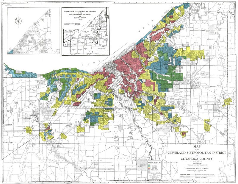 <span class="content-image-text">Homeowner’s Loan Corporation Map, Cleveland Ohio. March 15, 1940 Classifications: Green: “Best” Blue: “Still Desirable” Yellow “Definitely Declining” Red “Hazardous”</span>