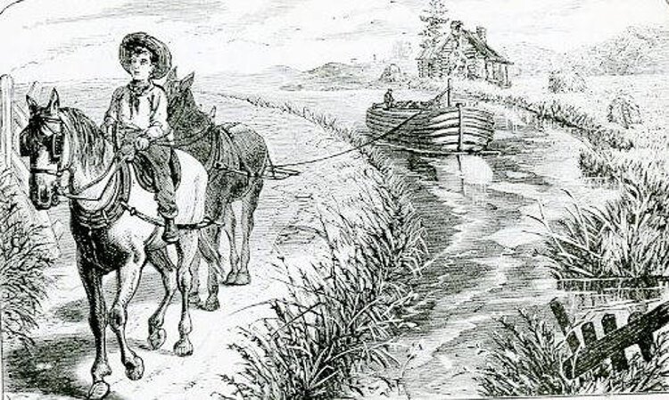 <span class="content-image-text">H&C Koevoets, NY, engraving of "The Canal Boy" in the front of the Horatio Alger, Jr. book, "From Canal Boy to President"</span>