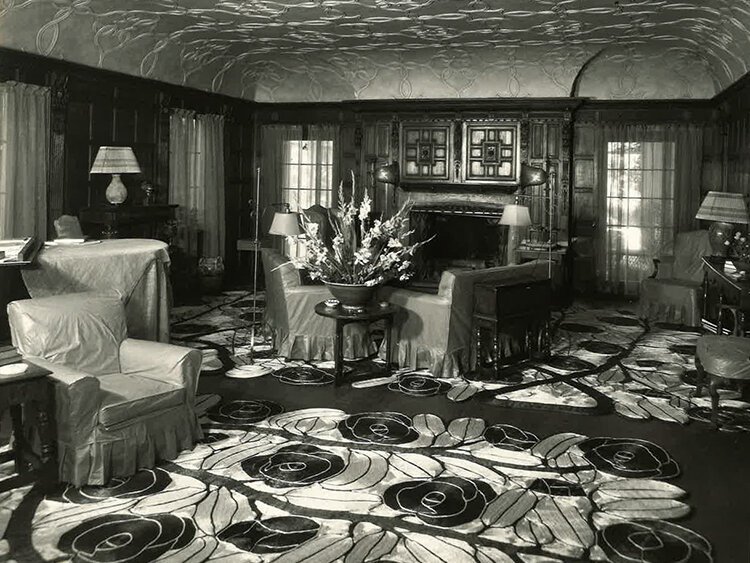 The Francheste living room showing the paneling removed from a house in England once lived in by Lord Nelson & Lady Hamilton.