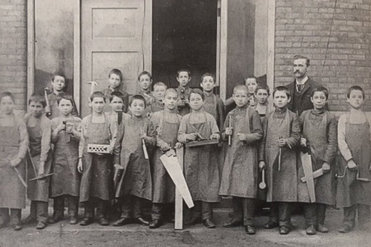 Carpenter shop clss at the Cleveland Jewish Orphan Asylum, ca. 1890-1900.