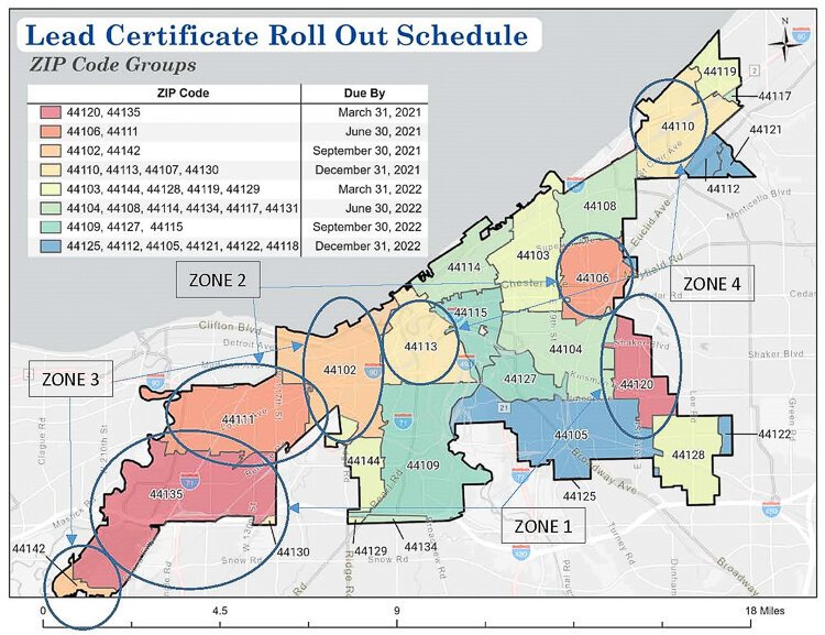 <span class="content-image-text">A map of Cleveland's lead paint law roll-out schedule showing the four zones that hit their compliance deadlines in 2021.</span>