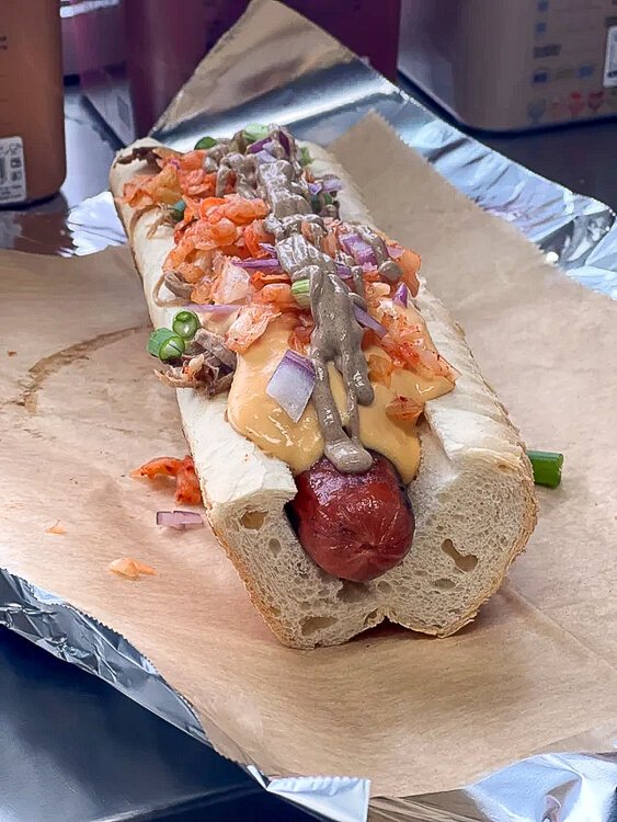 <span class="content-image-text">The Hedgehog foot-long hot dog pulled pork, beer cheese, kraut, red onion, and stadium mustard.</span>