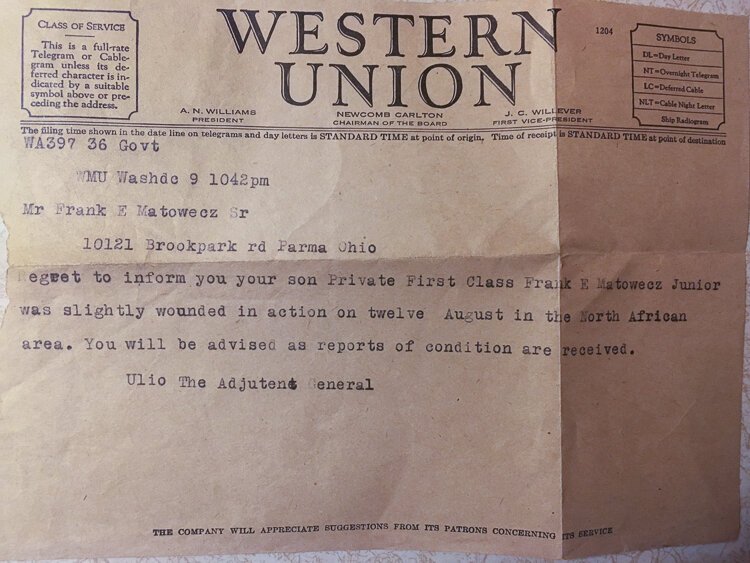 The telegram notifying Frank’s father that he was wounded