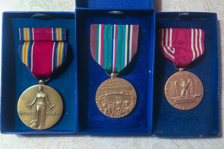 <span class="content-image-text">L – R: World War Two Victory Medal, European Theater Campaign Medal and Army Good Conduct Medal</span>