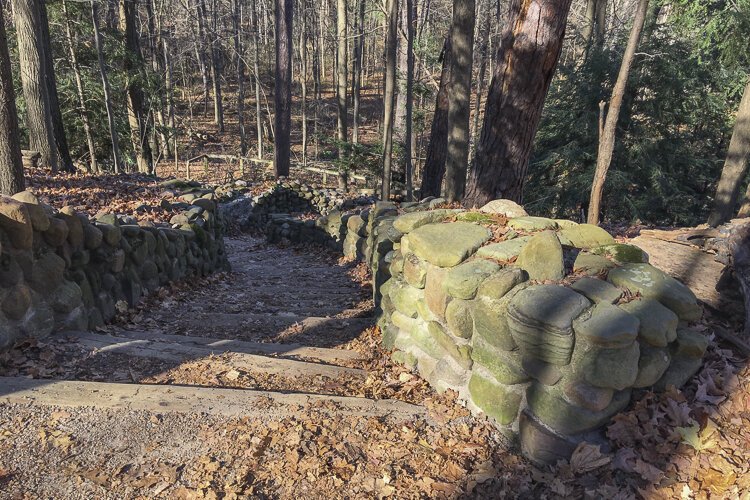 Rustic stairs on the north end of Fort Hill.