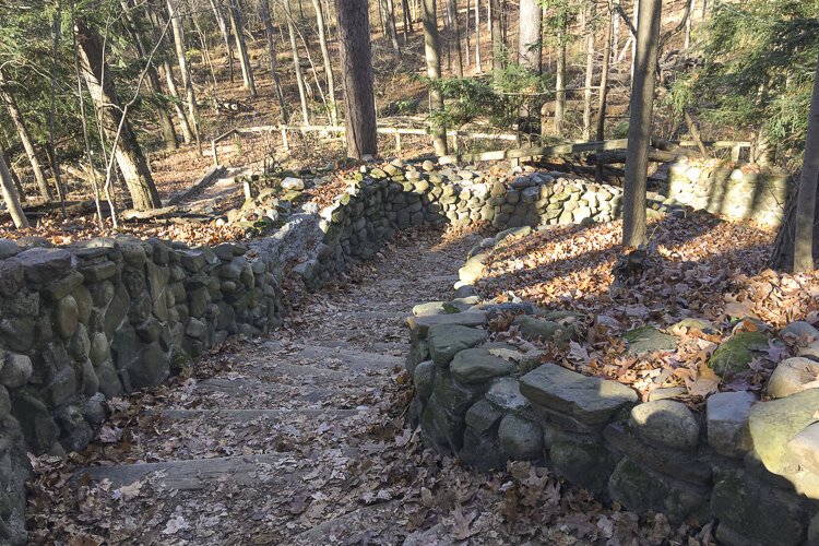 Rustic stairs on the north end of Fort Hill.