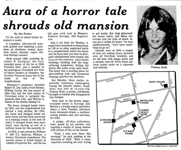 In October 1980, Tammy Seals was delivering newspaper on her early morning route when she was abducted, raped and murdered. Her body was found, in February 1981, in a second floor room of the vacant Spitzer-Dempsey House.
