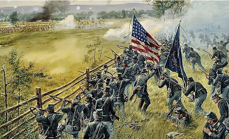 Gettysburg, PA, July 3, 1863 – During the Confederate attack on the Union Center at Gettysburg, the 8th Ohio Volunteer Infantry attacks the left flank of Davis’ Brigade of Pettigrew/Trimble’s Division, Army of the Northern Virginia