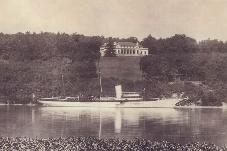 "Aphrodite," Col. Oliver Hazard Payne's famous yacht, anchored in front of his summer house at Esopus on the Hudson