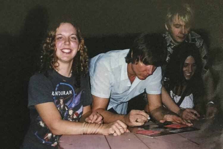 <span class="content-image-text">Annie meeting Duran Duran in 2000 at Blossom</span>