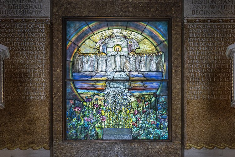Wade Memorial Chapel stained-glass window titled “Resurrection” designed by Tiffany staff member Agnes Northrop