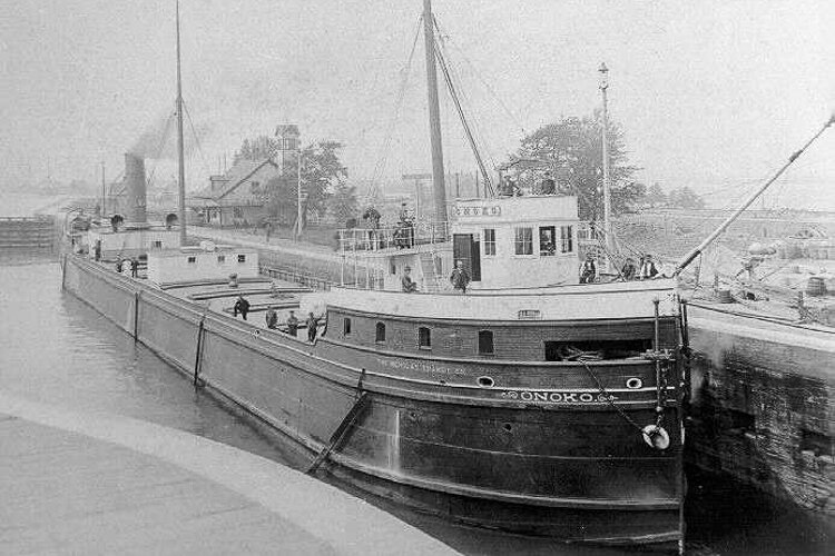 The steamer Onoko, the first Great Lakes freighter built of iron, launched in 1882