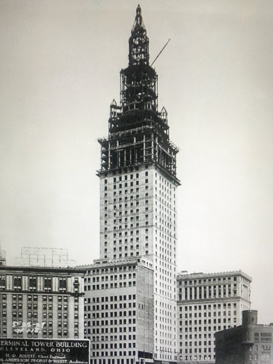The nearly complete Terminal Tower with the intact Schweinfurth Telephone Building in the foreground - the last of Champlain St.