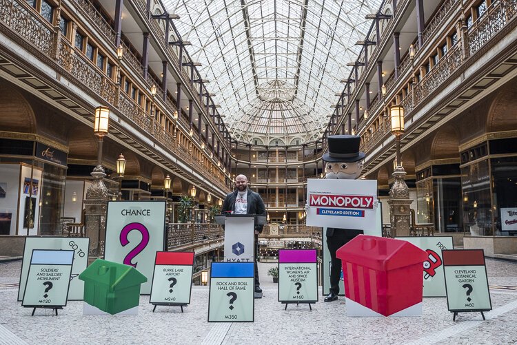 Top Trumps sponsorship director Tom Barney and Mr. Monopoly were at The Arcade on Thursday morning to make the announcement it is making a Cleveland-themed Monopoly game