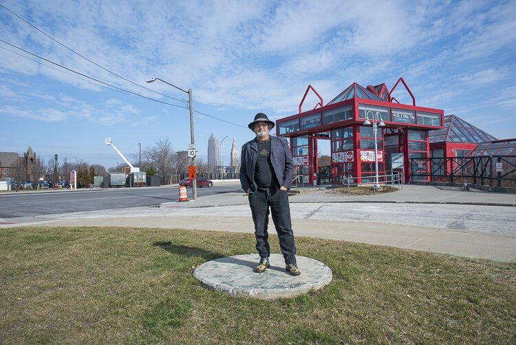 Artist Loren Naji at the location where his "They Have Landed" orb sculpture stood for almost 11 years