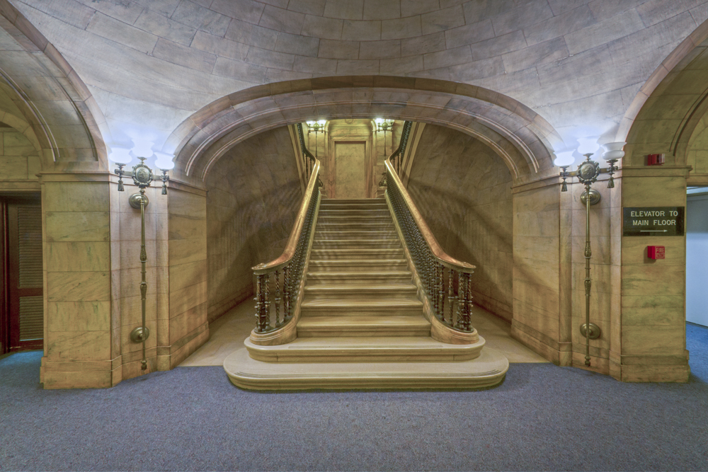 Stairs to the vault area of the bank in the New England Bldg. section of the Garfield Bldg just after PNC bank left.
