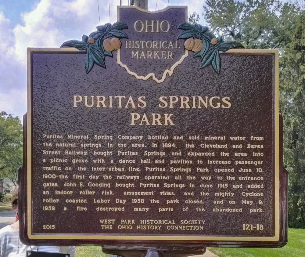 Ohio Historical Marker for Puritas Springs Park on the corner of Puritas and W. 194th