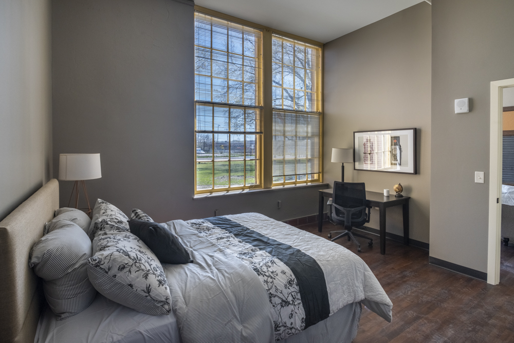 A bedroom in one of the apartments in the old school section of the complex