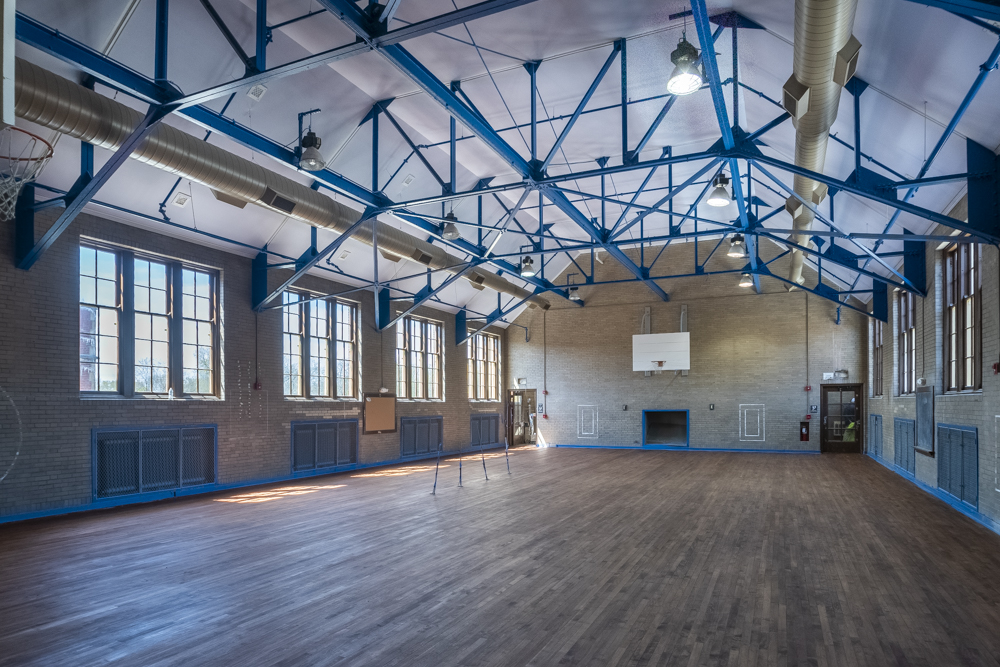 Basketball court from the former Longfellow Elementary School in the old section of the complex