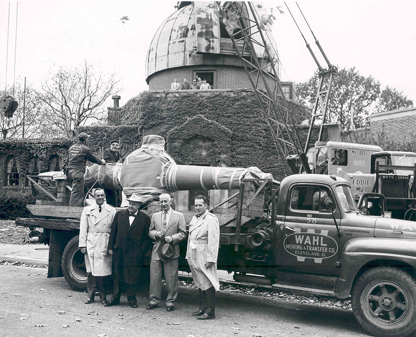 The Schmidt being installed in its new dome at the Warner and Swasey Observatory