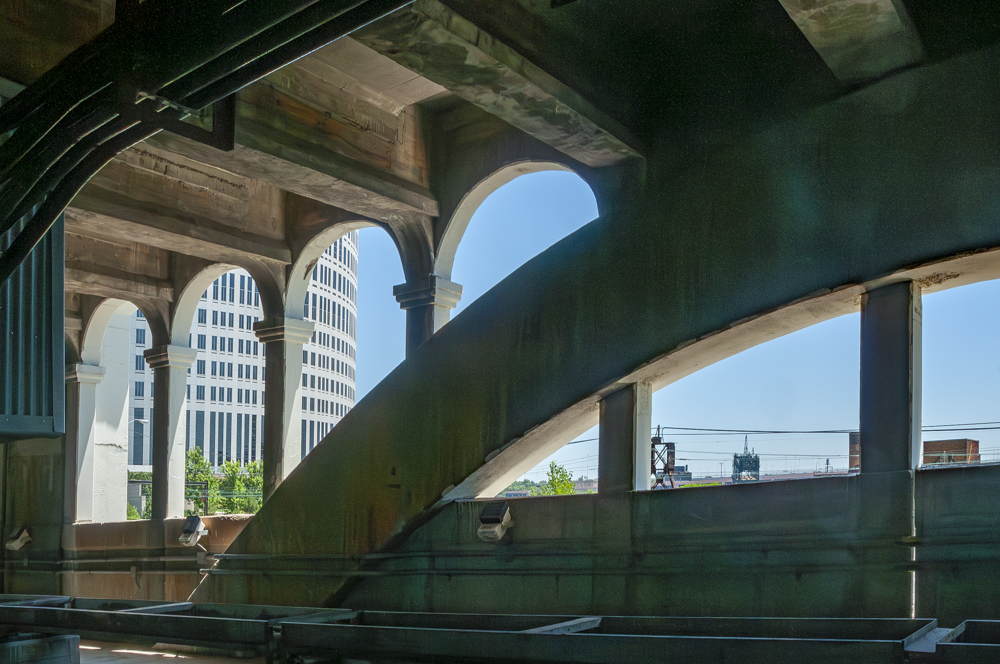 The underside of the Veterans Memorial Bridge (Detroit Superior Bridge)